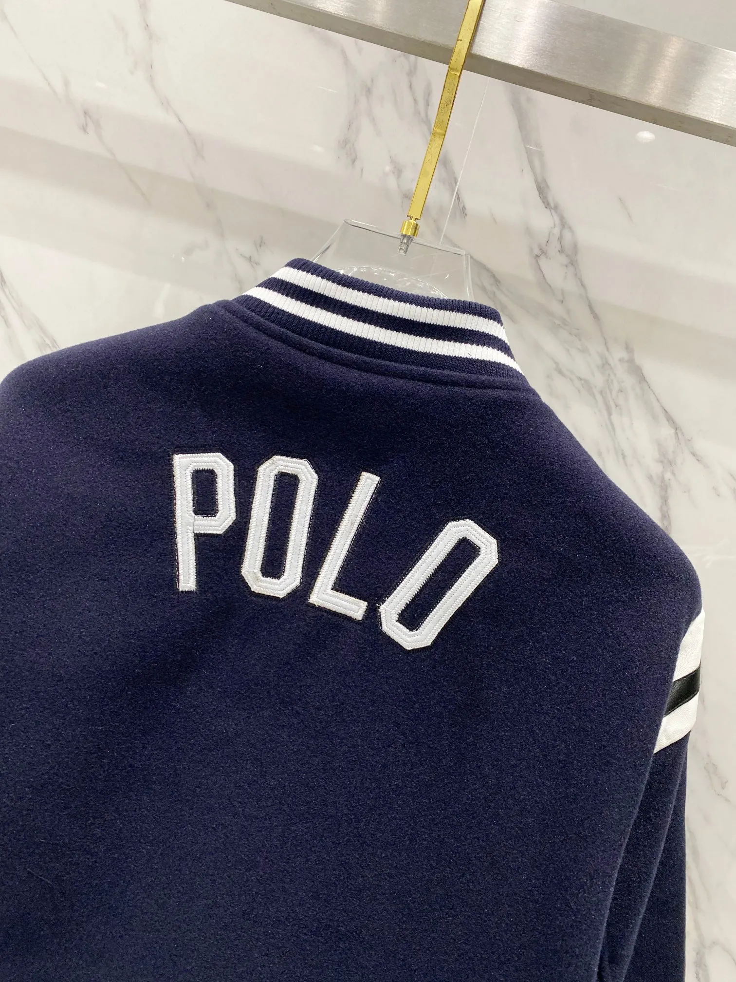 P310 Ralph Lauren Pony Embroidered American Retro Wool Spliced ​​Leather Baseball Jacket with Big Logo on the Back Color: Navy Size: m-XL